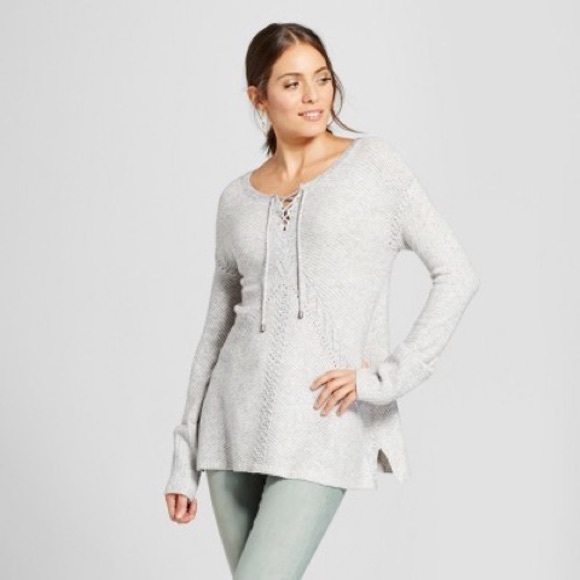 Knox Rose Grey Tie Front Oversized Cuff Sweater Sm